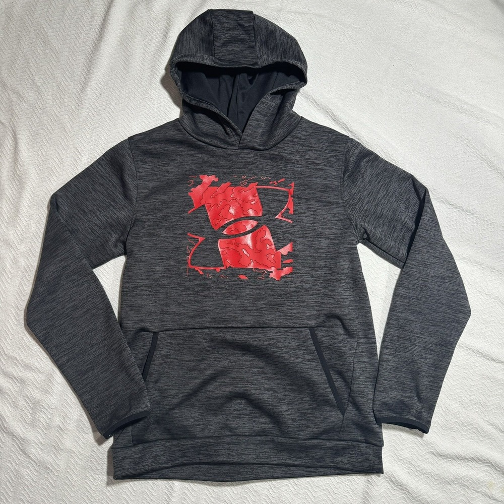 Under Armour Boys ColdGear Hoodie Gray Red Camo Logo Sweatshirt YXL